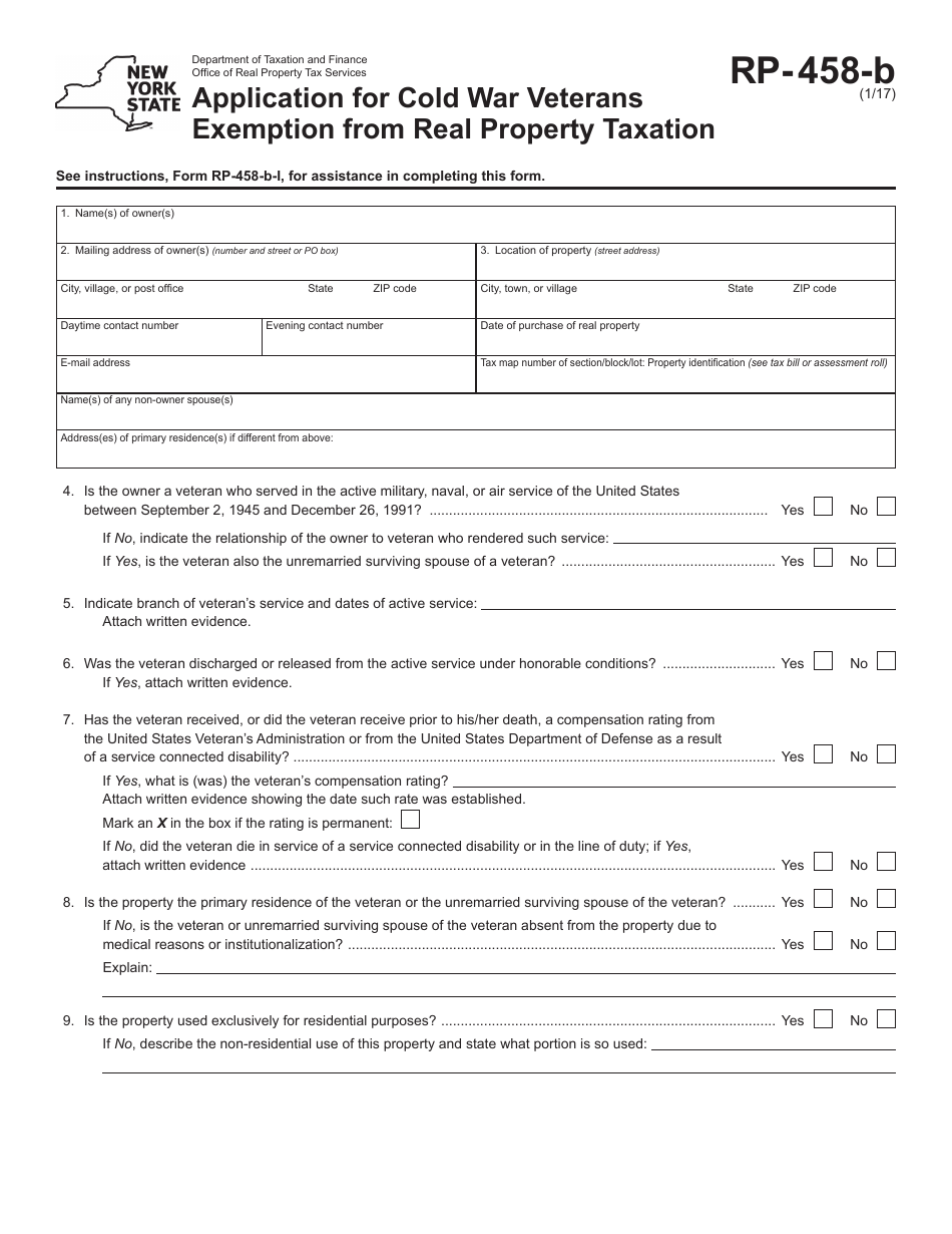Form RP-458-B Application for Cold War Veterans Exemption From Real Property Taxation - New York, Page 1