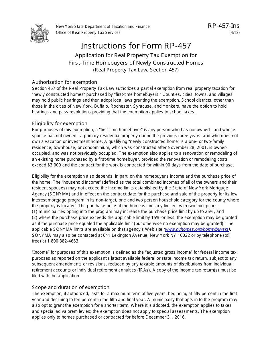 Instructions for Form RP-457 Application for Real Property Tax Exemption for First-Time Homebuyers of Newly Constructed Homes - New York, Page 1