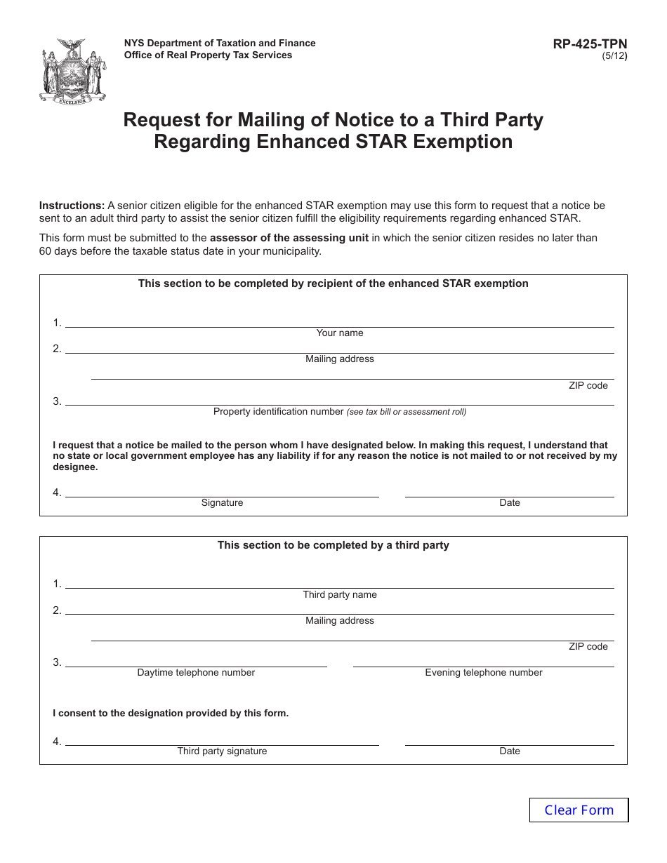 Form RP-425-TPN Request for Mailing of Notice to a Third Party Regarding Enhanced Star Exemption - New York, Page 1