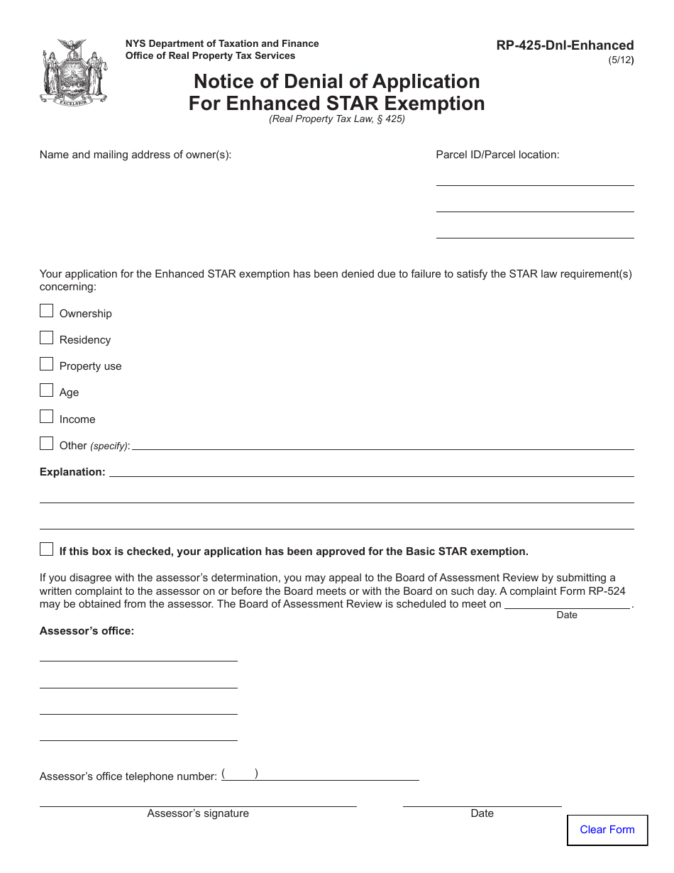 Form RP-425-DNL-ENHANCED Notice of Denial of Application for Enhanced Star Exemption - New York, Page 1