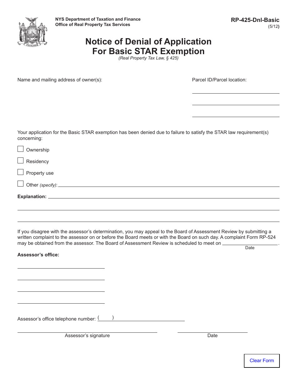 Form RP-425-DNL-BASIC Notice of Denial of Application for Basic Star Exemption - New York, Page 1