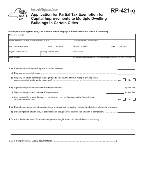 Form RP-421-O Application for Partial Tax Exemption for Capital Improvements to Multiple Dwelling Buildings in Certain Cities - New York