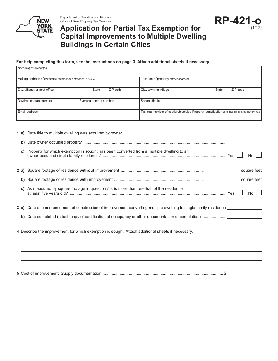 Form RP-421-O Application for Partial Tax Exemption for Capital Improvements to Multiple Dwelling Buildings in Certain Cities - New York, Page 1