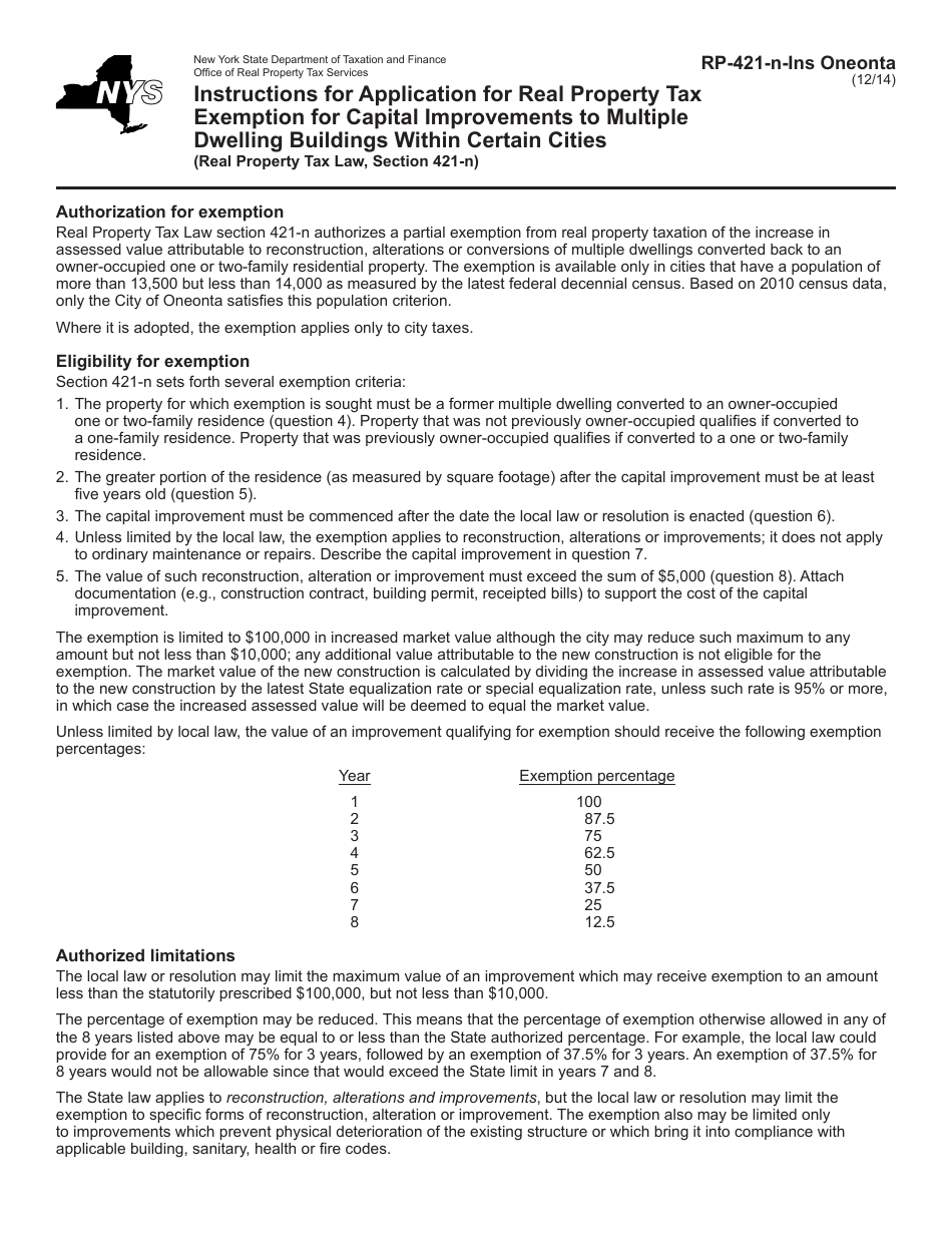 Instructions for Form RP-421-N [ONEONTA] Application for Real Property Tax Exemption for Capital Improvements to Multiple Dwelling Buildings Within Certain Cities - City of Oneonta, New York, Page 1