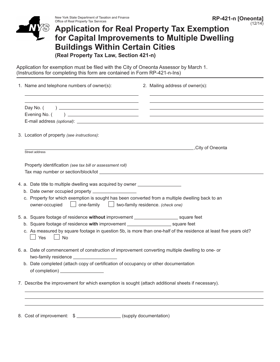 Form RP-421-N [ONEONTA] Application for Real Property Tax Exemption for Capital Improvements to Multiple Dwelling Buildings Within Certain Cities - City of Oneonta, New York, Page 1