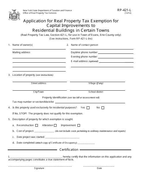 Form RP-421-L Application for Real Property Tax Exemption for Capital Improvements to Residential Buildings in Certain Towns - Town of Evans, New York