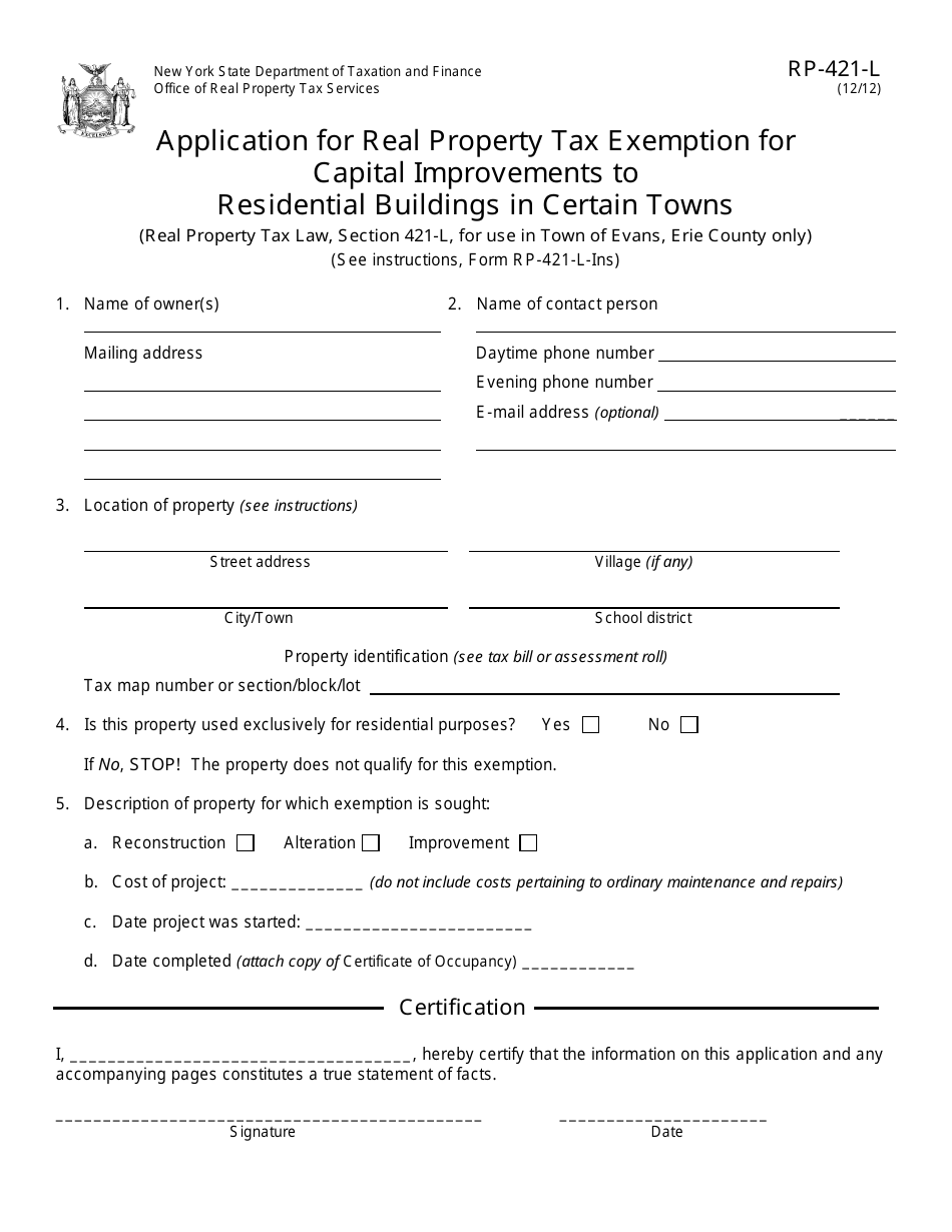 Form RP-421-L Application for Real Property Tax Exemption for Capital Improvements to Residential Buildings in Certain Towns - Town of Evans, New York, Page 1