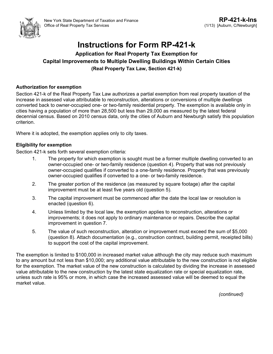 Instructions for Form RP-421-K Application for Real Property Tax Exemption for Capital Improvements to Multiple Dwelling Buildings Within Certain Cities - Auburn, Newburgh Cities, New York, Page 1