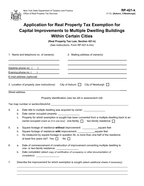 Form RP-421-K Application for Real Property Tax Exemption for Capital Improvements to Multiple Dwelling Buildings Within Certain Cities - Auburn, Newburgh Cities, New York
