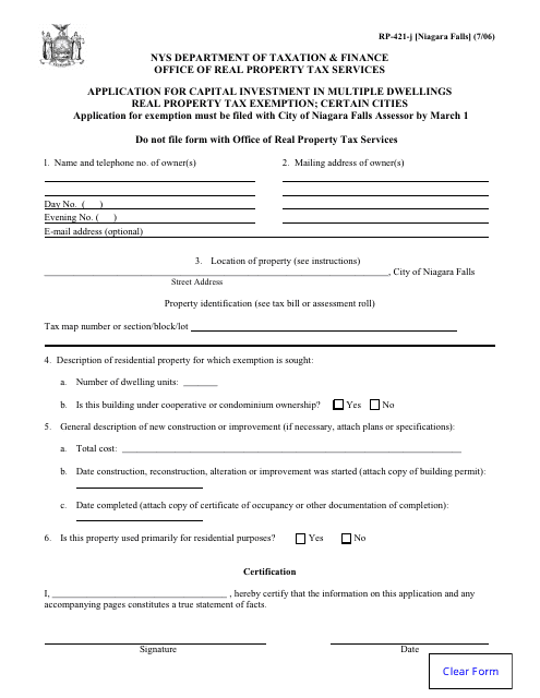 Form RP-421-J [NIAGARA FALLS] Application for Capital Investment in Multiple Dwellings Real Property Tax Exemption; Certain Cities - City of Niagara Falls, New York
