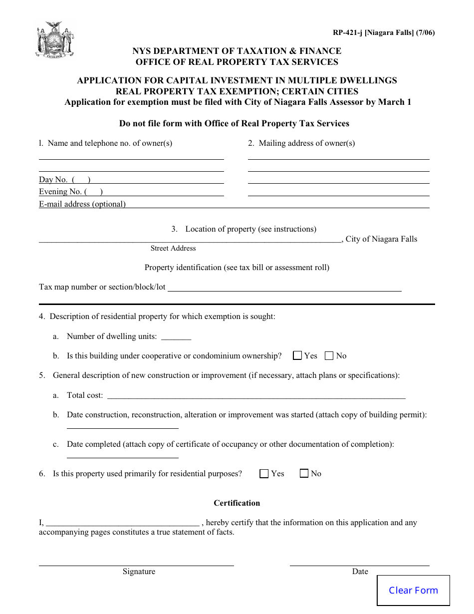 Form RP-421-J [NIAGARA FALLS] Application for Capital Investment in Multiple Dwellings Real Property Tax Exemption; Certain Cities - City of Niagara Falls, New York, Page 1