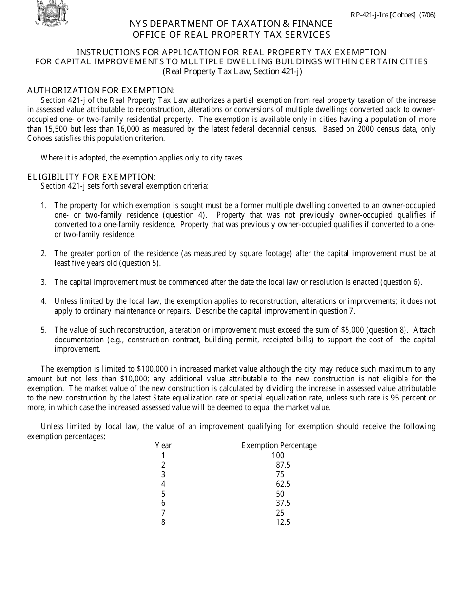 Instructions for Form RP-421-J [COHOES] Application for Real Property Tax Exemption for Capital Improvements to Multiple Dwelling Buildings Within Certain Cities - City of Cohoes, New York, Page 1