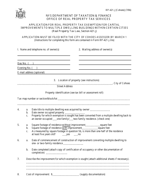 Form RP-421-J [COHOES] Application for Real Property Tax Exemption for Capital Improvements to Multiple Dwelling Buildings Within Certain Cities - City of Cohoes, New York