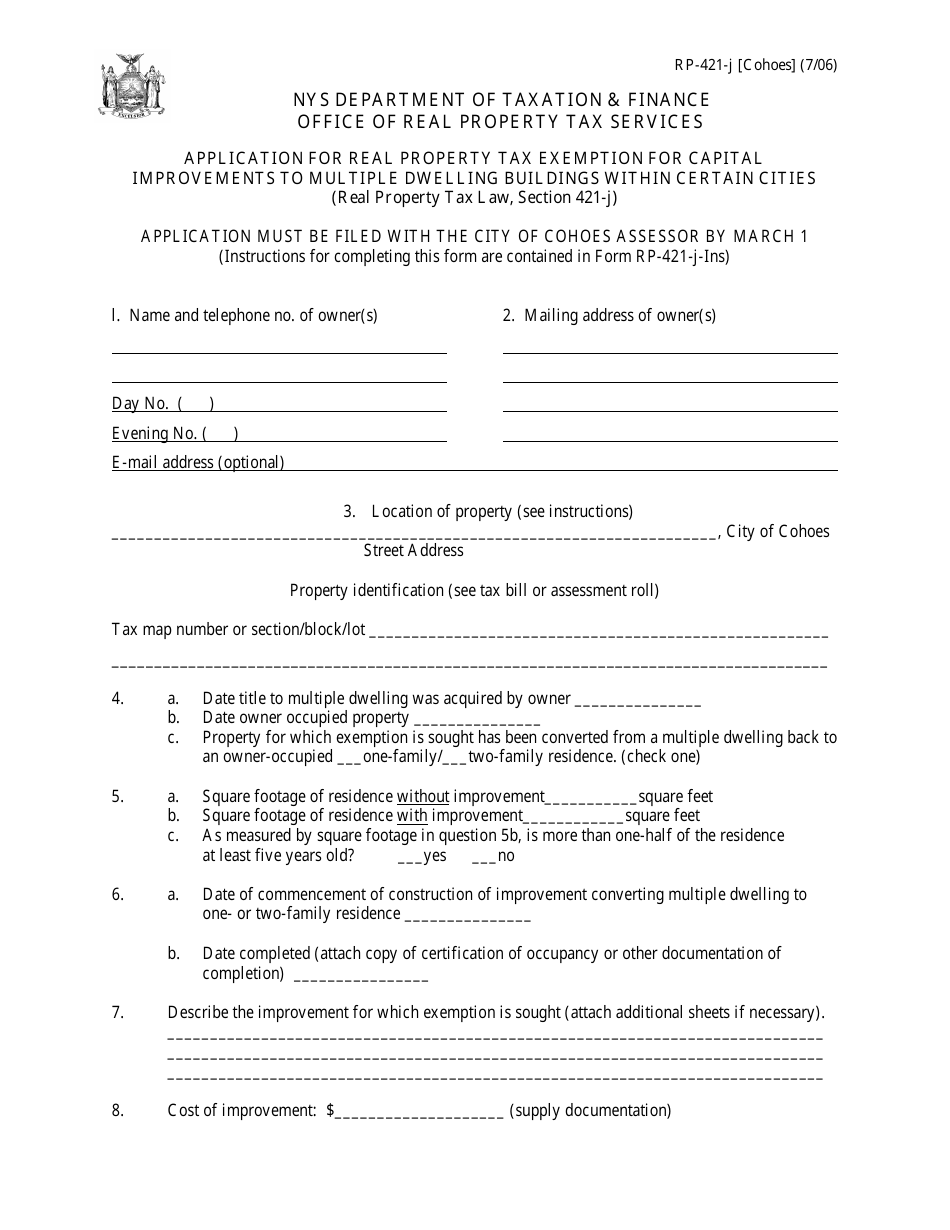Form RP-421-J [COHOES] Application for Real Property Tax Exemption for Capital Improvements to Multiple Dwelling Buildings Within Certain Cities - City of Cohoes, New York, Page 1