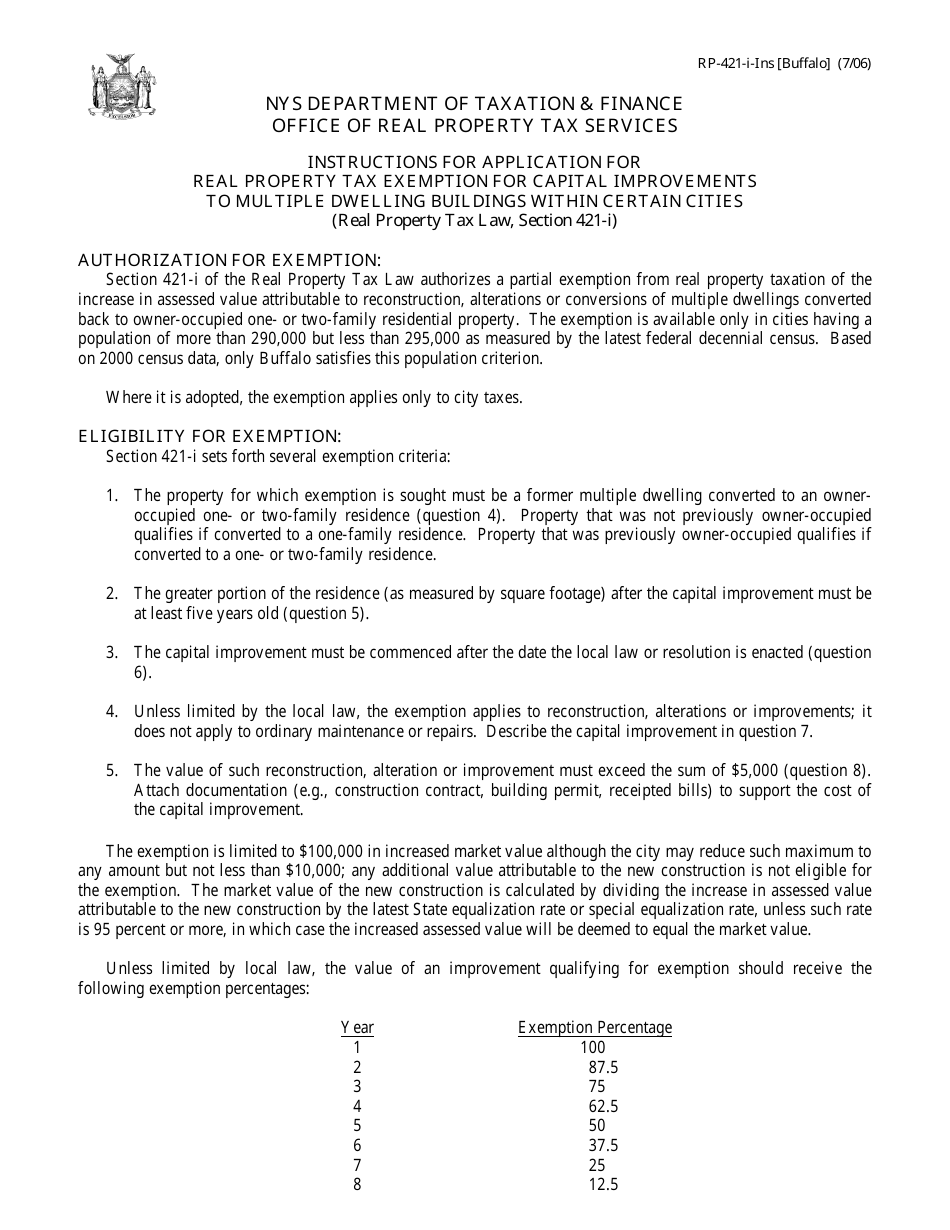 Instructions for Form RP-421-I [BUFFALO] Application for Real Property Tax Exemption for Capital Improvements to Multiple Dwelling Buildings Within Certain Cities - City of Buffalo, New York, Page 1