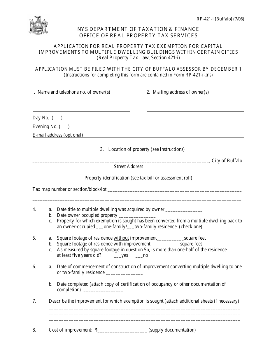 Form RP-421-I [BUFFALO] Application for Real Property Tax Exemption for Capital Improvements to Multiple Dwelling Buildings Within Certain Cities - City of Buffalo, New York, Page 1