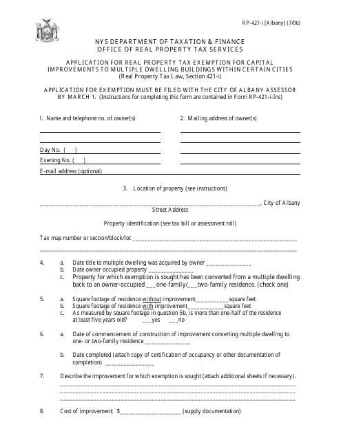 Form RP-421-I [ALBANY] Application for Real Property Tax Exemption for Capital Improvements to Multiple Dwelling Buildings Within Certain Cities - Albany, New York