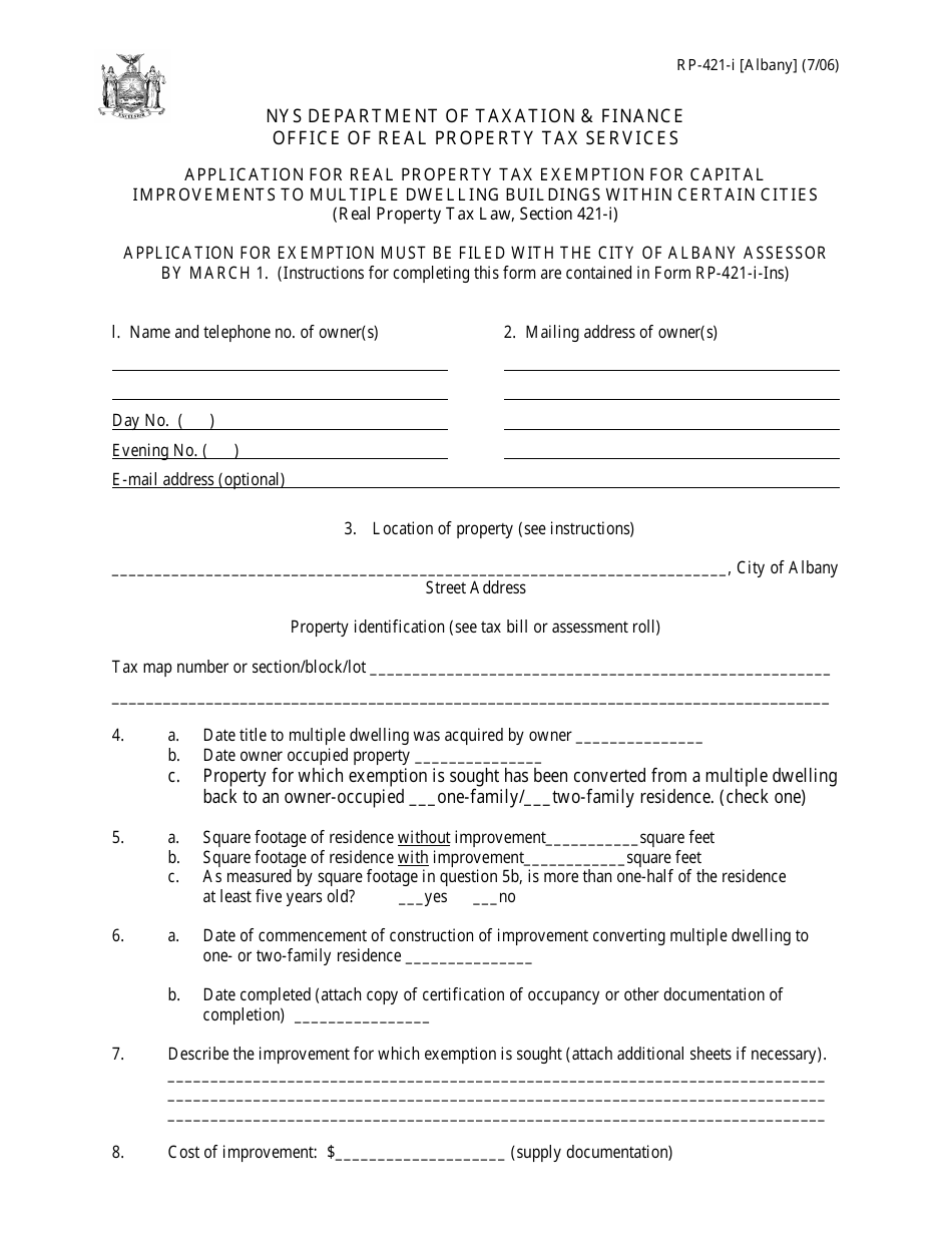 Form RP-421-I [ALBANY] Application for Real Property Tax Exemption for Capital Improvements to Multiple Dwelling Buildings Within Certain Cities - Albany, New York, Page 1