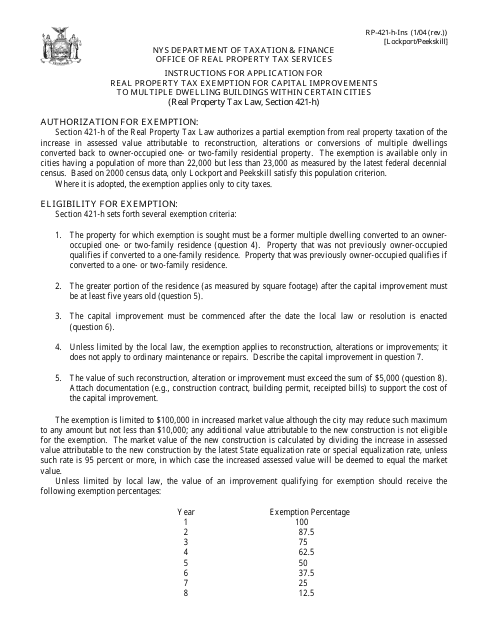 Instructions for Form RP-421-H Application for Real Property Tax Exemption for Capital Improvements to Multiple Dwelling Buildings Within Certain Cities - New York