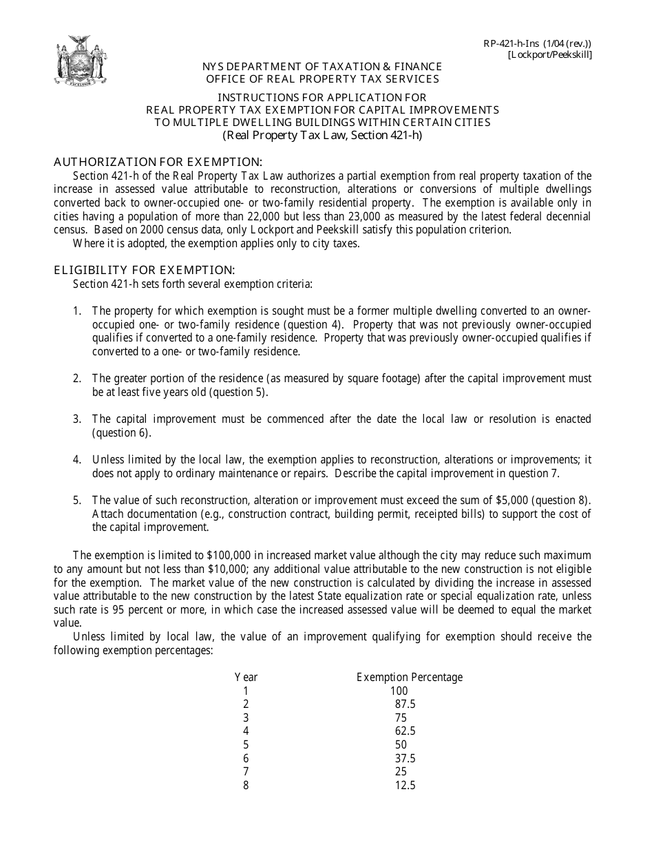 Instructions for Form RP-421-H Application for Real Property Tax Exemption for Capital Improvements to Multiple Dwelling Buildings Within Certain Cities - New York, Page 1