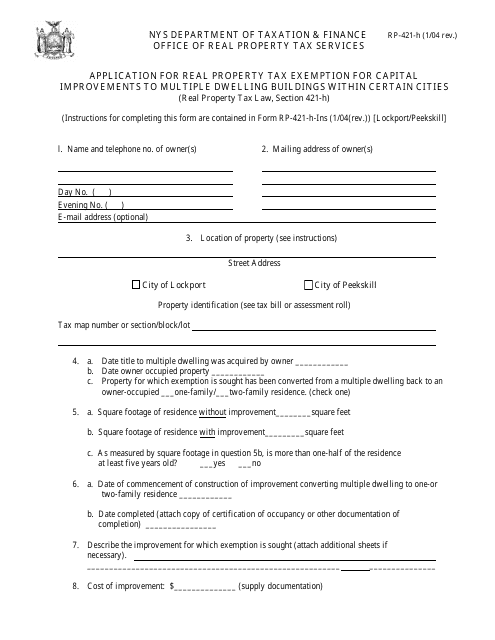 Form RP-421-H [LOCKPORT/PEEKSKILL] Application for Real Property Tax Exemption for Capital Improvements to Multiple Dwelling Buildings Within Certain Cities - Cities of Lockport/Peekskiill, New York