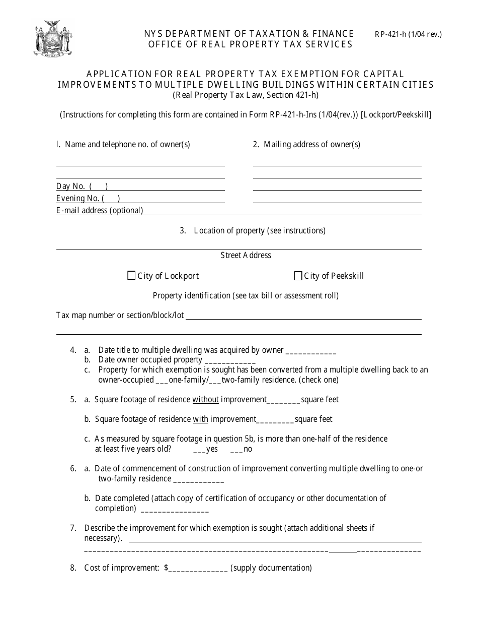 Form RP-421-H [LOCKPORT / PEEKSKILL] Application for Real Property Tax Exemption for Capital Improvements to Multiple Dwelling Buildings Within Certain Cities - Cities of Lockport / Peekskiill, New York, Page 1