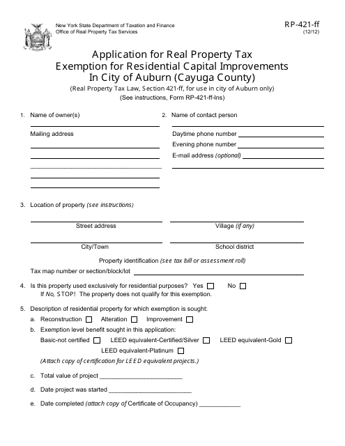 Form RP-421-FF Application for Real Property Tax Exemption for Residential Capital Improvements in City of Auburn (Cayuga County) - City of Auburn, New York