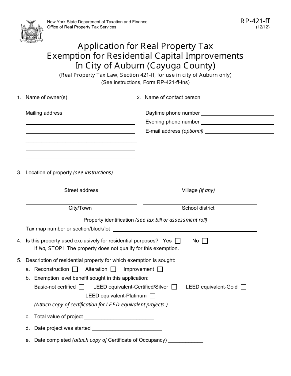 Form RP-421-FF Application for Real Property Tax Exemption for Residential Capital Improvements in City of Auburn (Cayuga County) - City of Auburn, New York, Page 1