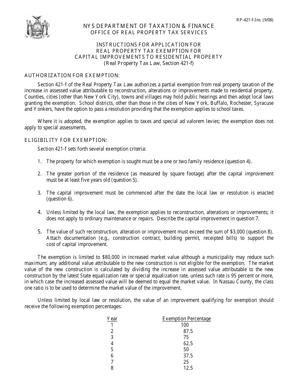 Instructions for Form RP-421-F Application for Real Property Tax Exemption for Capital Improvements to Residential Property - New York, Page 1