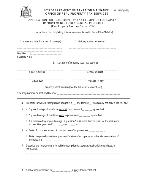 Form RP-421-F Application for Real Property Tax Exemption for Capital Improvements to Residential Property - New York