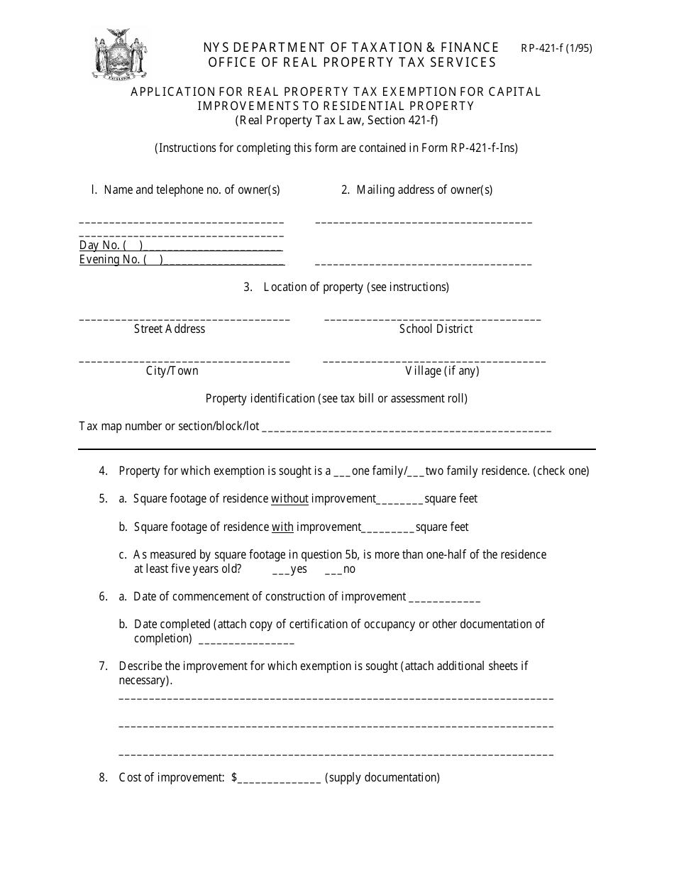 Form RP-421-F Application for Real Property Tax Exemption for Capital Improvements to Residential Property - New York, Page 1