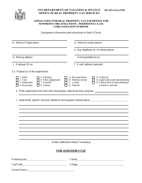 Form RP-420-B-ORG Application for Real Property Tax Exemption for Nonprofit Organizations - Permissive Class I-Organization Purpose - New York
