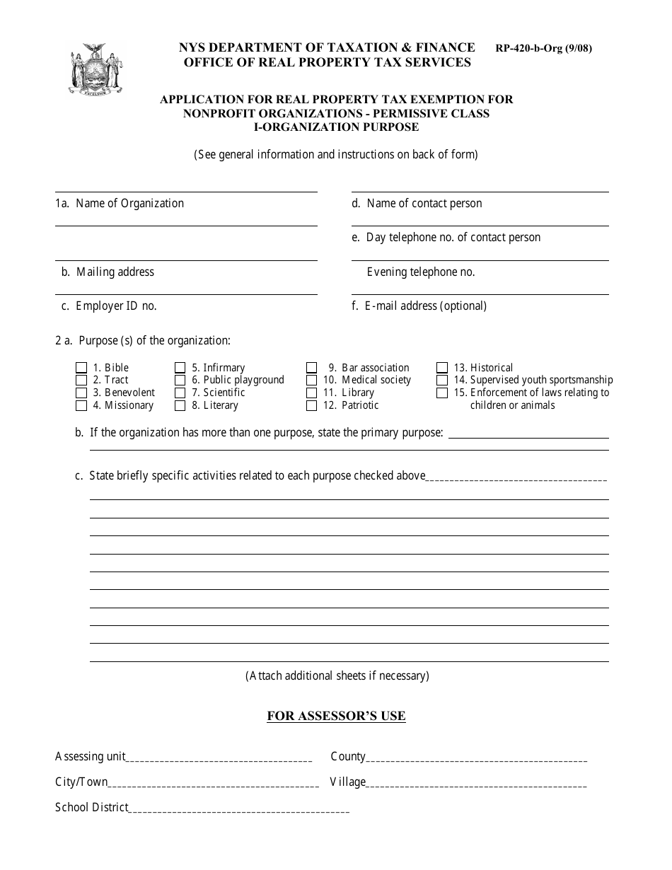 Form RP-420-B-ORG Application for Real Property Tax Exemption for Nonprofit Organizations - Permissive Class I-Organization Purpose - New York, Page 1