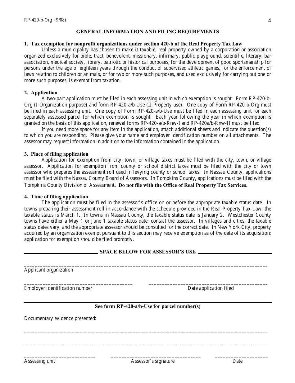 Form RP-420-B-ORG Application for Real Property Tax Exemption for Nonprofit Organizations - Permissive Class I-Organization Purpose - New York, Page 4