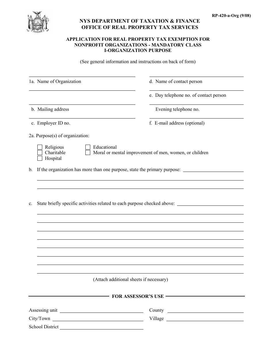 Form RP-420-A-ORG Application for Real Property Tax Exemption for Nonprofit Organizations - Mandatory Class I-Organization Purpose - New York, Page 1