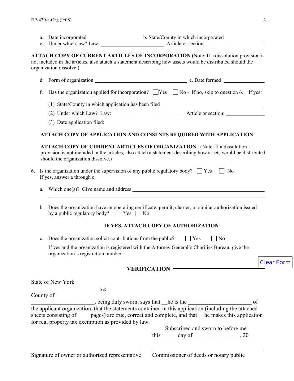Form RP-420-A-ORG Application for Real Property Tax Exemption for Nonprofit Organizations - Mandatory Class I-Organization Purpose - New York, Page 3