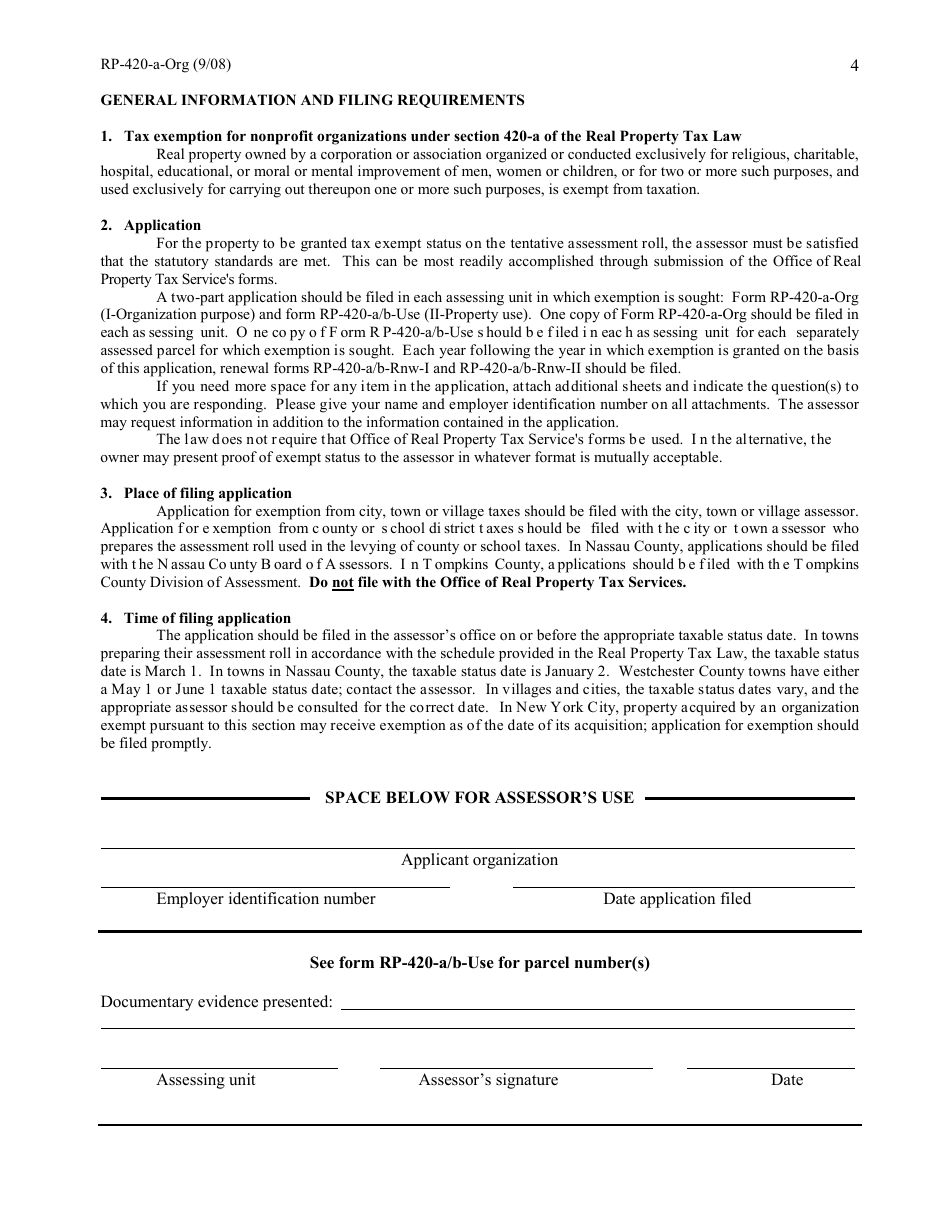 Form RP-420-A-ORG Application for Real Property Tax Exemption for Nonprofit Organizations - Mandatory Class I-Organization Purpose - New York, Page 4