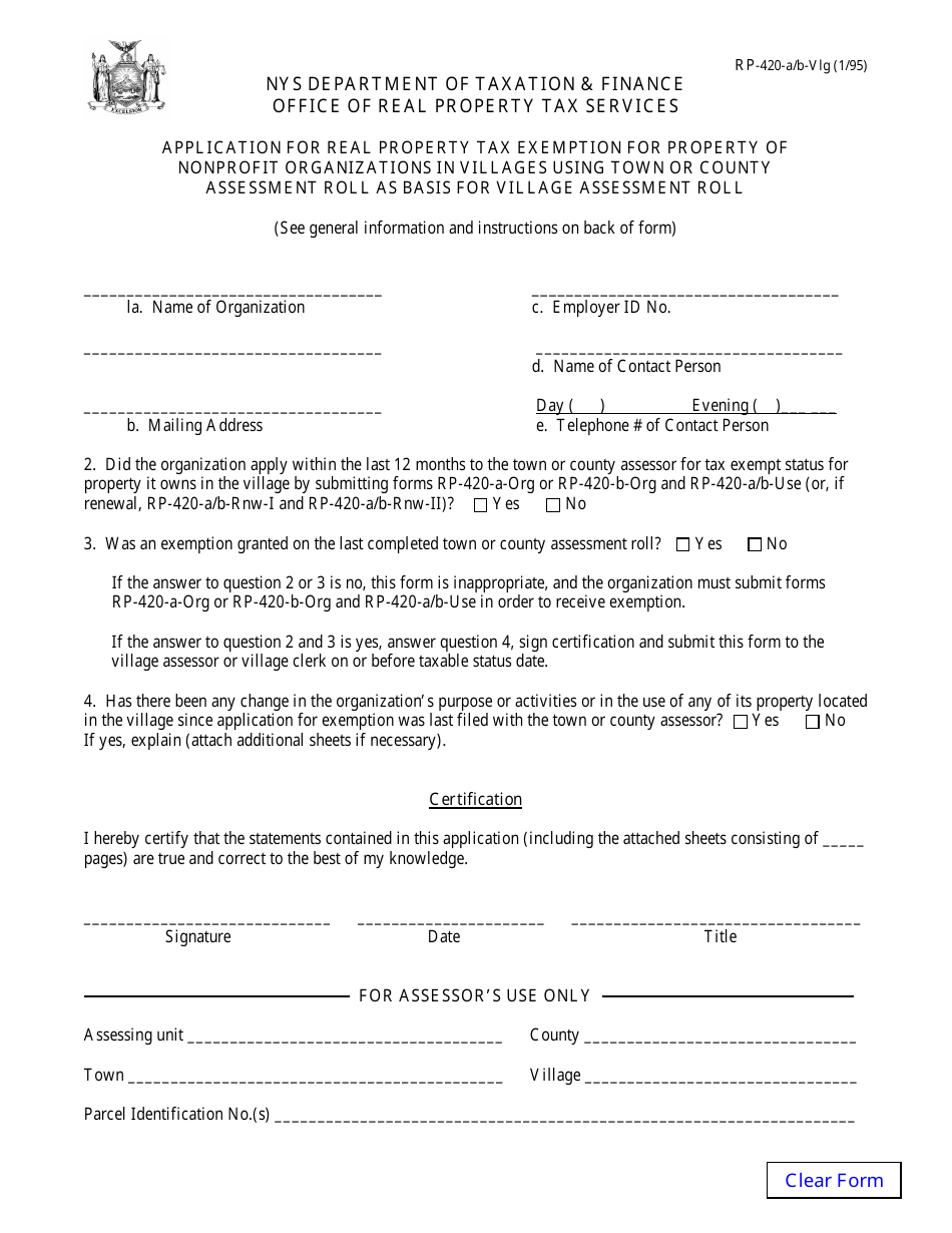Form RP-420-A / B-VLG Application for Real Property Tax Exemption for Property of Nonprofit Organizations in Villages Using Town or County Assessment Roll as Basis for Village Assessment Roll - New York, Page 1
