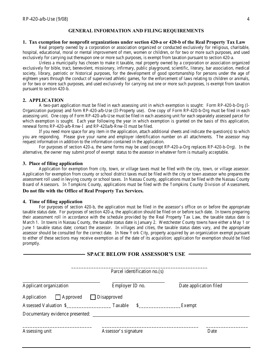 Form RP-420-A / B-USE Application for Real Property Tax Exemption for Nonprofit Organizations II - Property Use - New York, Page 4