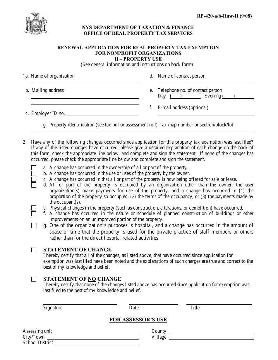Form RP-420-A/B-RNV-II Renewal Application for Real Property Tax Exemption for Nonprofit Organizations II ' Property Use - New York, Page 1