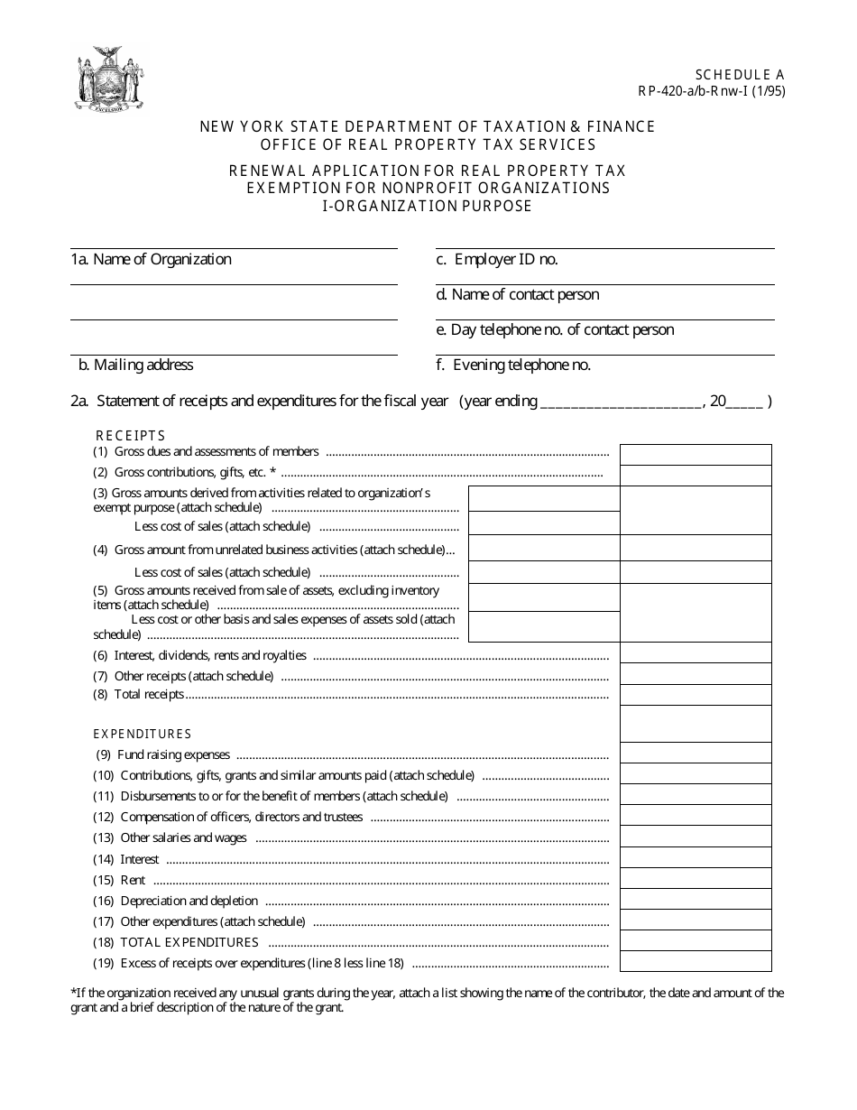 Form RP-420-A/B-RNW-I Schedule A Renewal Application for Real Property Tax Exemption for Nonprofit Organizations I-Organization Purpose - New York, Page 1