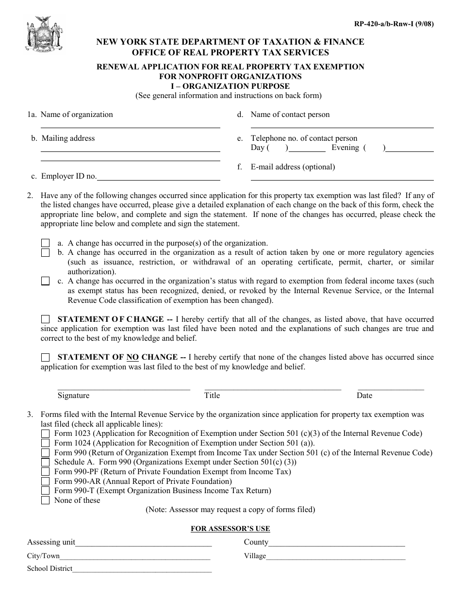 Form RP-420-A/B-RNW-I Renewal Application for Real Property Tax Exemption for Nonprofit Organizations I ' Organization Purpose - New York, Page 1