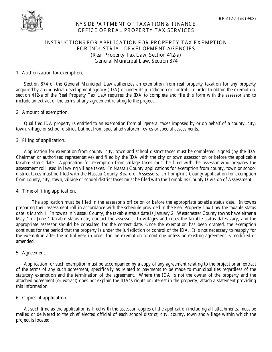 Instructions for Form RP-412-A Application for Property Tax Exemption for Industrial Development Agencies - New York, Page 1