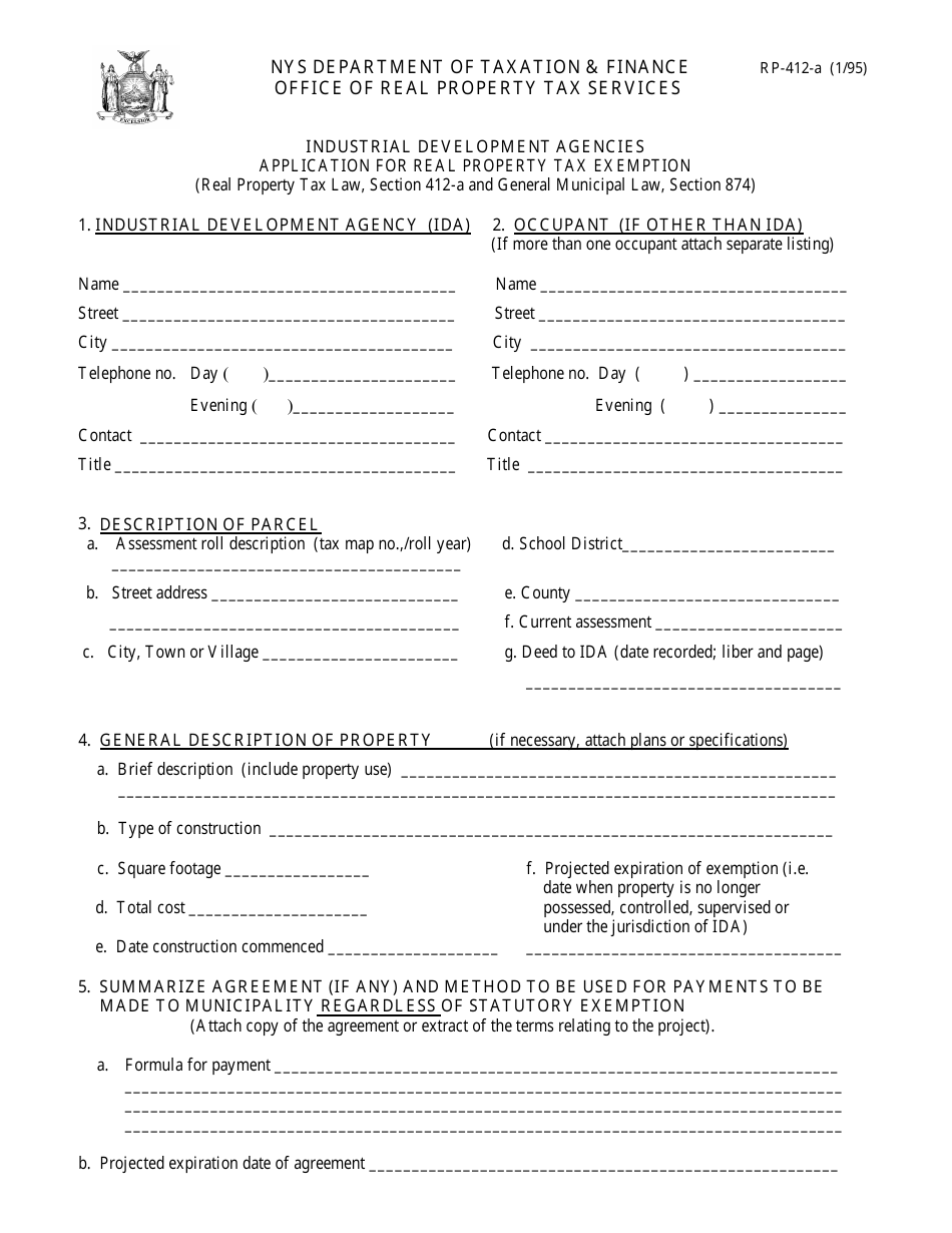 Form RP-412-A Industrial Development Agencies Application for Real Property Tax Exemption - New York, Page 1