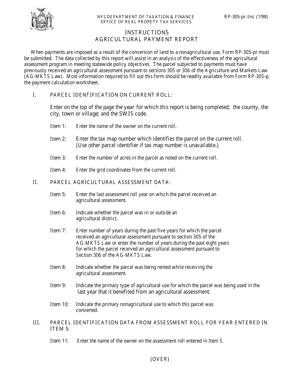 Instructions for Form RP-305-PR Agricultural Payment Report - New York, Page 1