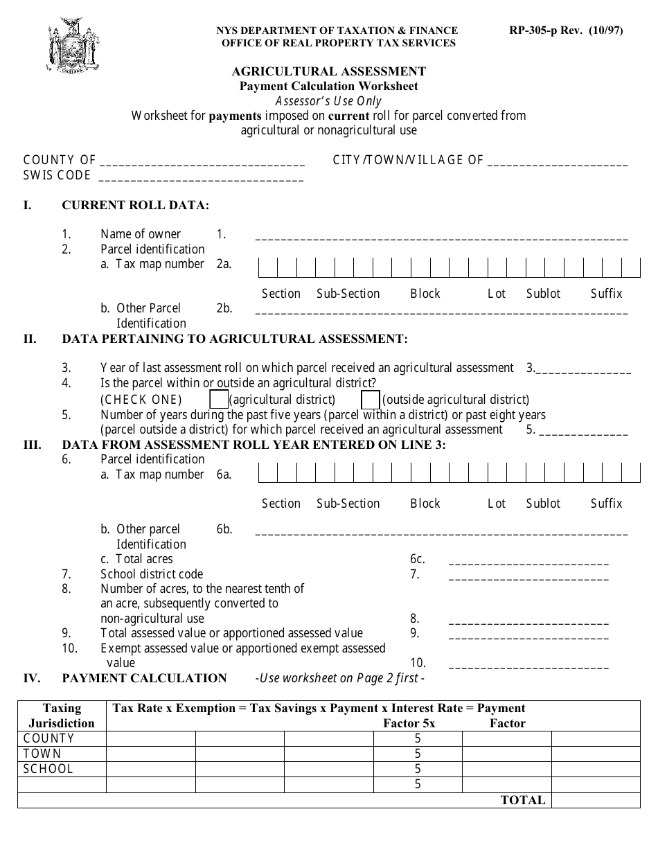 Form RP-305-P Agricultural Assessment - Payment Calculation Worksheet - New York, Page 1
