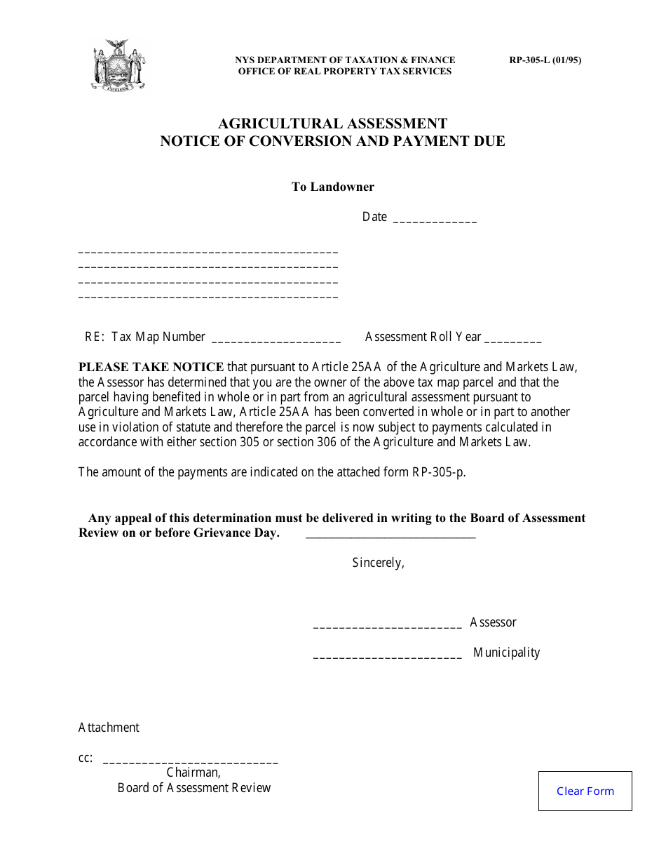 Form RP-305-L Agricultural Assessment - Notice of Conversion and Payment Due - New York, Page 1