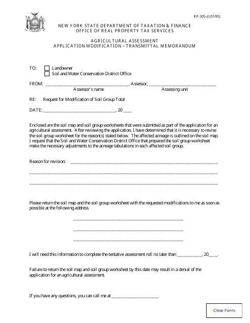 Form RP-305-D Agricultural Assessment - Application Modification - Transmittal Memorandum - New York