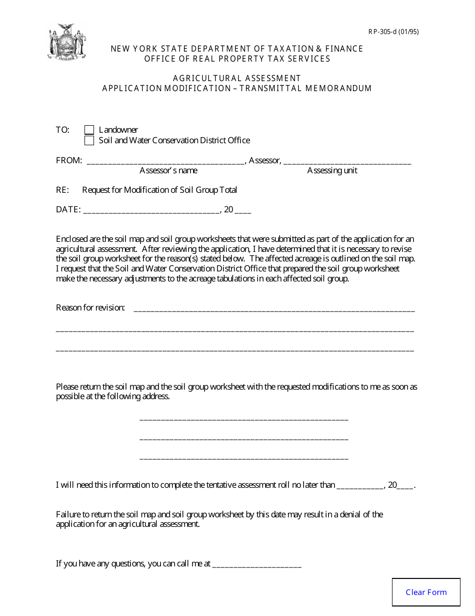 Form RP-305-D Agricultural Assessment - Application Modification - Transmittal Memorandum - New York, Page 1
