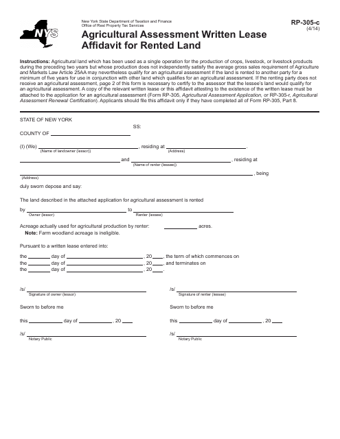 Form RP-305-C Agricultural Assessment - Written Lease Affidavit for Rented Land - New York